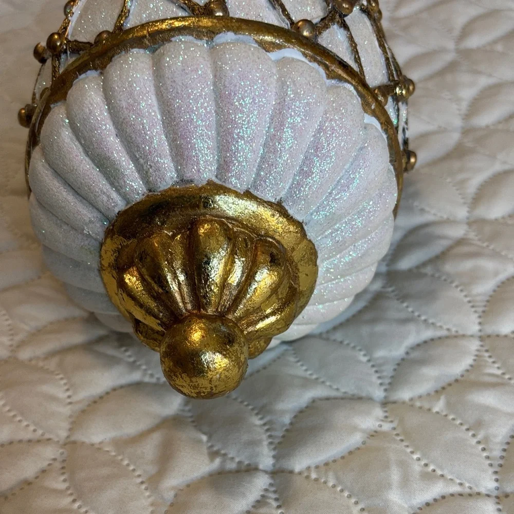 Luxurious Gold and White Holiday Ornament hard Thick Plastic Glitter Sparkles